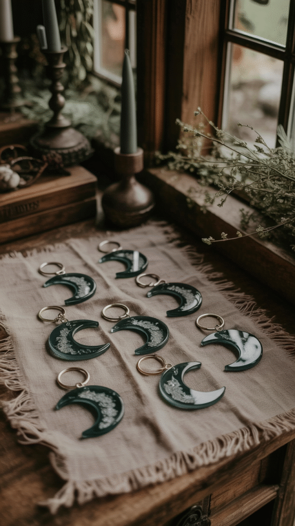 Crescent moon keychains displayed on a rustic cloth near a window with candles and greenery.