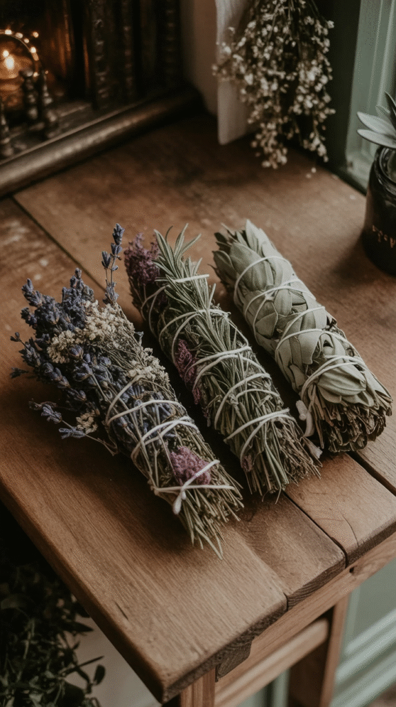 Herbal bundles on wooden table, featuring lavender, rosemary, and sage for aromatherapy or smudging rituals.