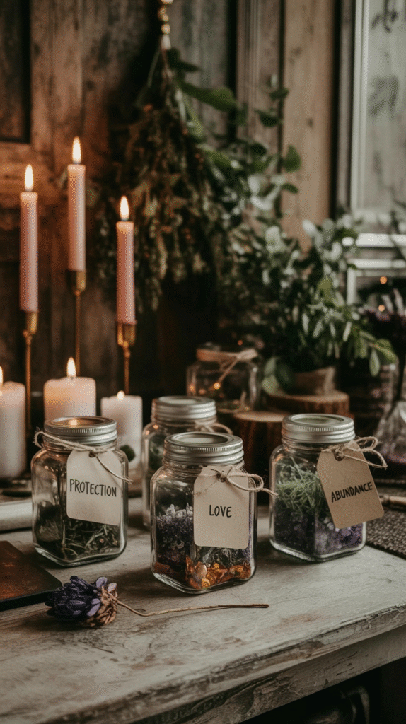 Jars labeled protection, love, abundance with candles and herbs on a rustic table, creating a mystical ambiance.