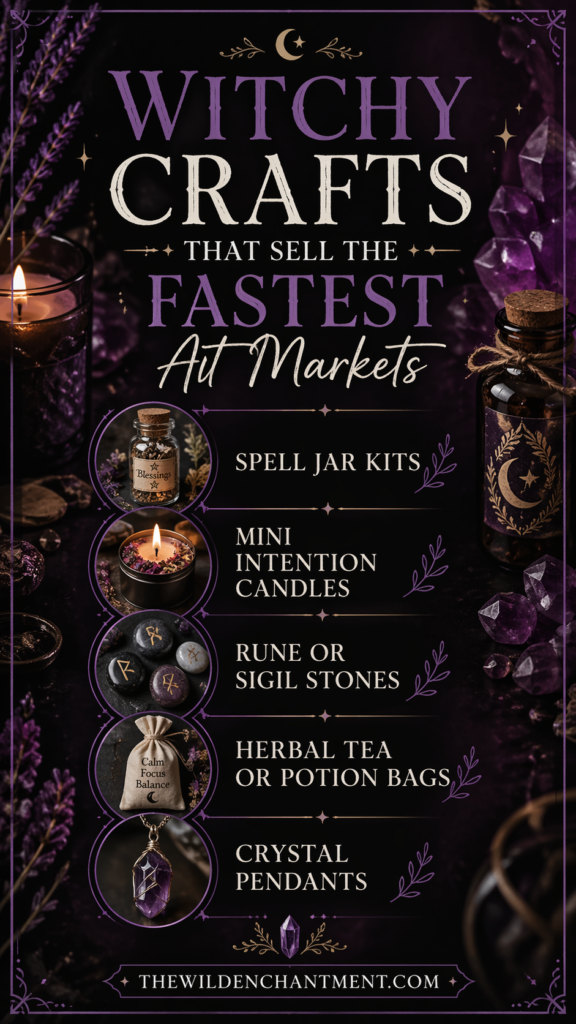 Witchy crafts that sell fast at markets: spell jar kits, mini intention candles, rune stones, potion bags, crystal pendants.