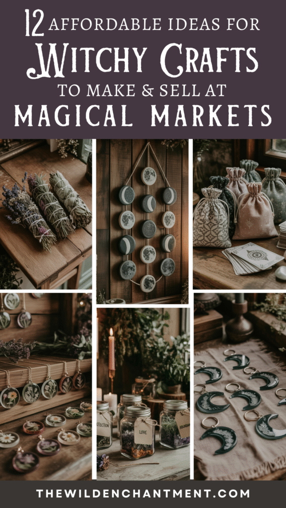 Witchy crafts for sale: moon decor, herb bundles, tarot pouches, resin pendants at magical markets.