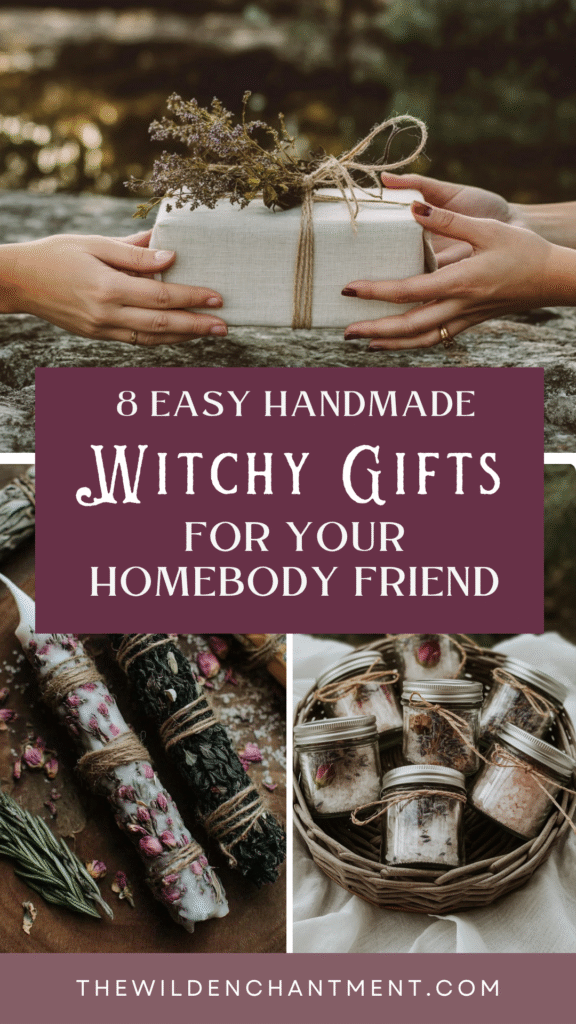 witchy-handmade-gifts-friend Handmade witchy gifts for homebodies: wrapped present, herbal bundles, and jars of spices for enchanting vibes.