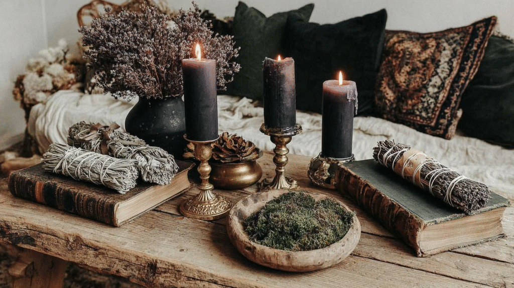 Cozy rustic decor with dark candles, dried flowers, old books, and sage bundles on a wooden table.