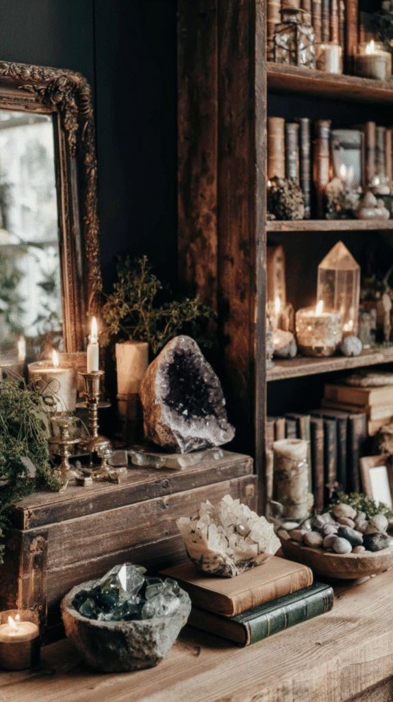witchy-home-crafts-thrifted-bookcase Cozy vintage shelf with candles, crystals, and books, creating a warm, mystical ambiance.