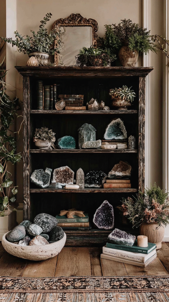 witchy-home-crafts-thrifted-bookcase2 Antique shelf with crystals, plants, and books, creating a cozy, rustic decor vibe in a living room setting.
