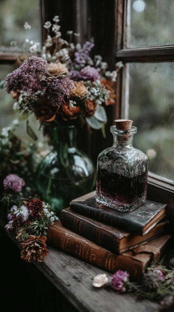 witchy-home-crafts-thrifted-flowers Vintage bottle and rustic books by a window, surrounded by dried flowers. Cozy and atmospheric setting.