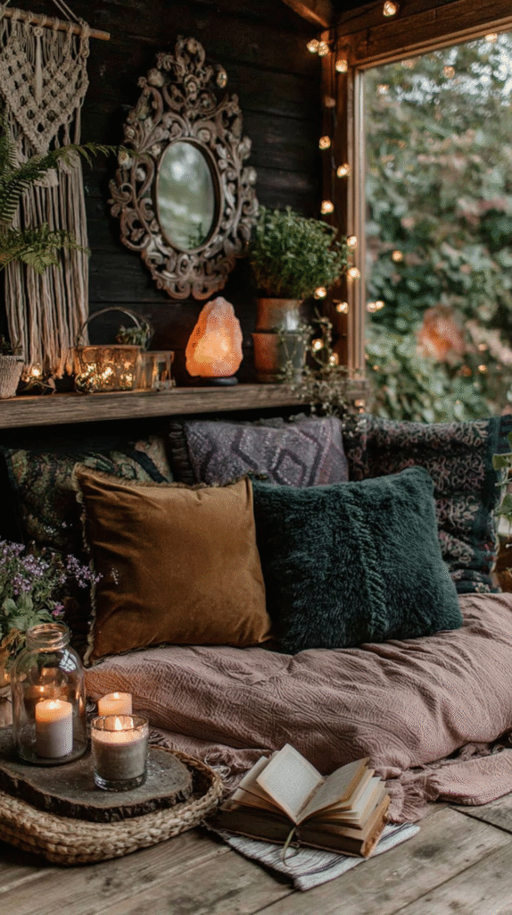 witchy-home-crafts-thrifted-lighting Cozy bohemian nook with cushions, lit candles, salt lamp, and open book, perfect for relaxation and reading.