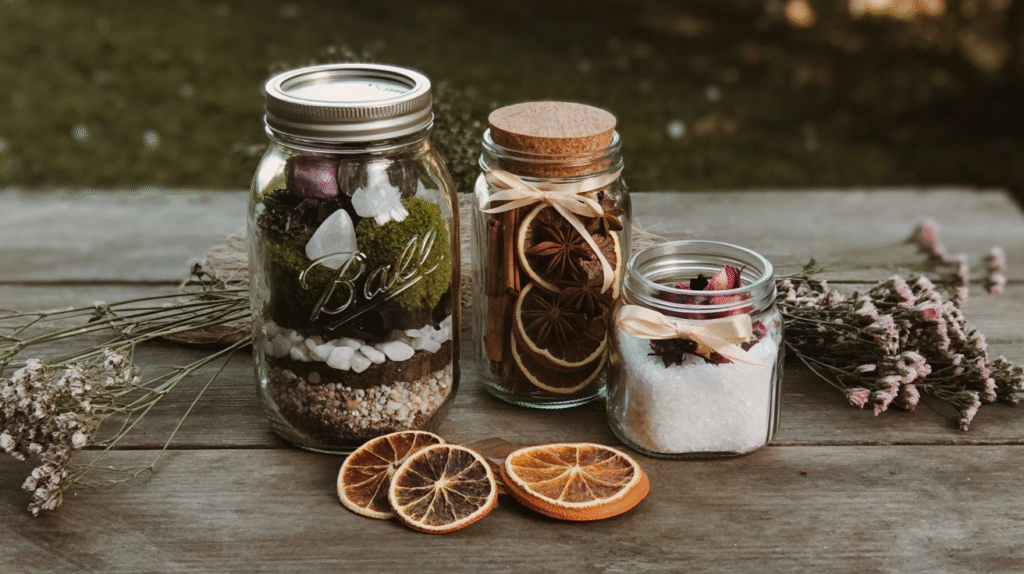 Decorative jars with dried citrus, flowers, and salt on rustic table. Perfect for home decor or gifts.
