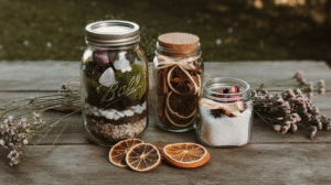Decorative jars with dried citrus, flowers, and salt on rustic table. Perfect for home decor or gifts.