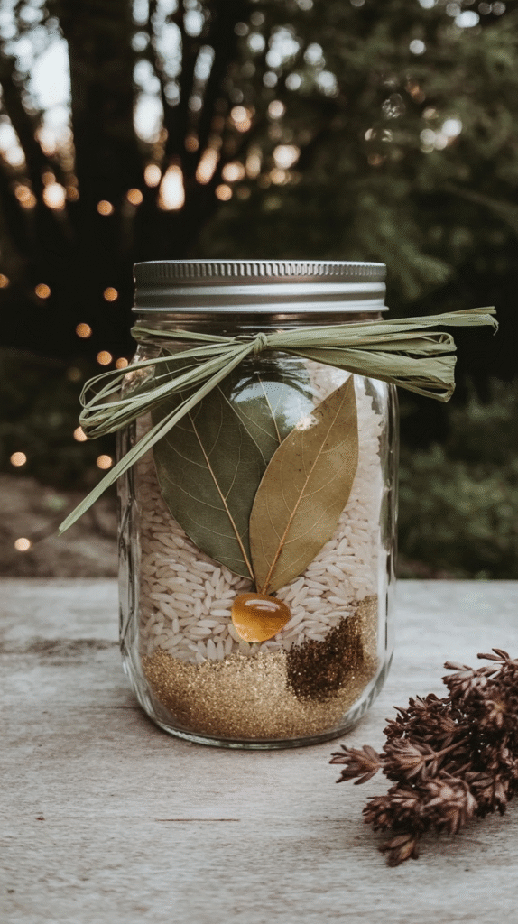witchy-mason-jar-gifts-abundance Mason jar with rice, golden glitter, bay leaves, and a gemstone, adorned with green twine, set outdoors.