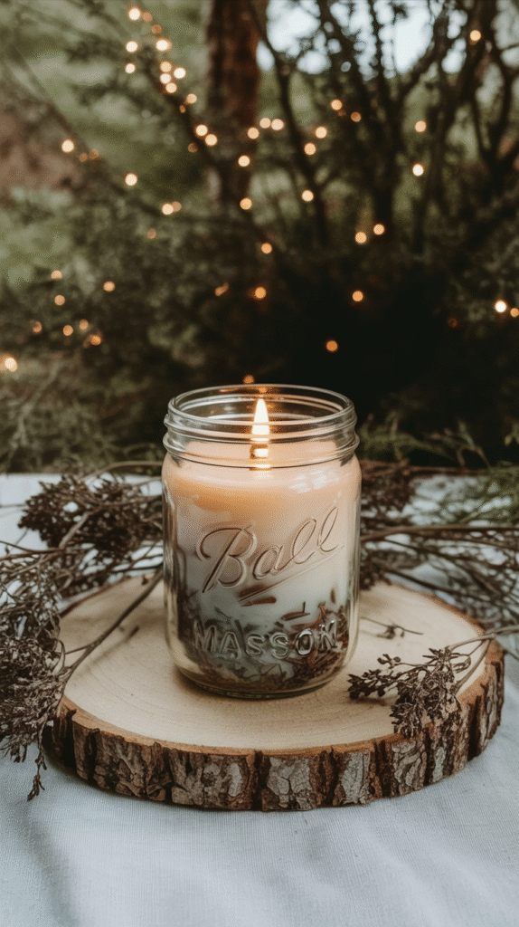 witchy-mason-jar-gifts-candle Lit candle in a mason jar on a wooden slab, surrounded by dried flowers with fairy lights in the background.