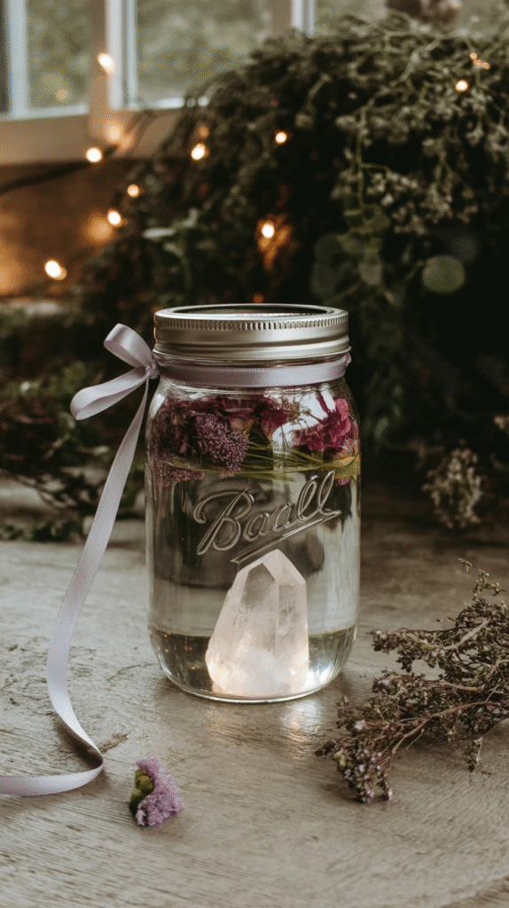 witchy-mason-jar-gifts-moon-water Mason jar with flowers and crystal, tied with ribbon, on rustic table with fairy lights in background. Cozy decor ambiance.