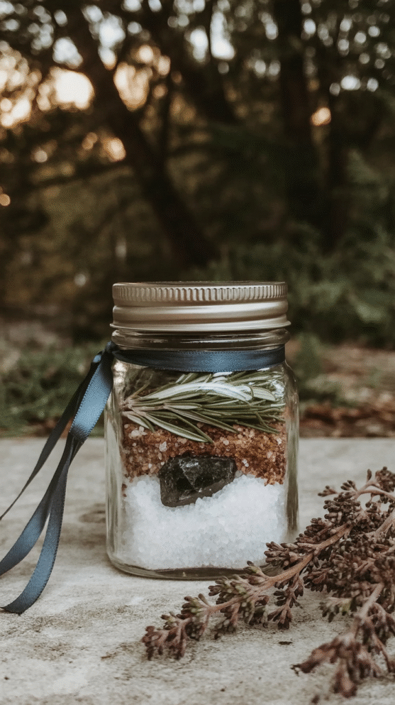 witchy-mason-jar-gifts-protection Glass jar with herbs, salt, and black stone, tied with a ribbon, set outdoors in a natural background.