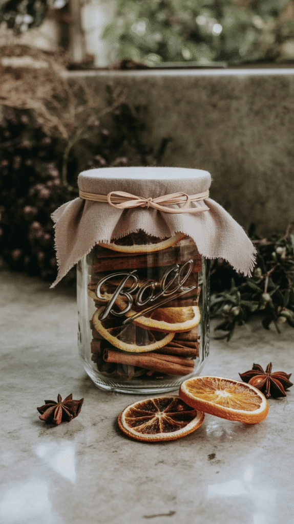 witchy-mason-jar-gifts-simmer-pot Decorative jar with dried oranges and cinnamon sticks, rustic charm on a weathered table with herbs in the background.