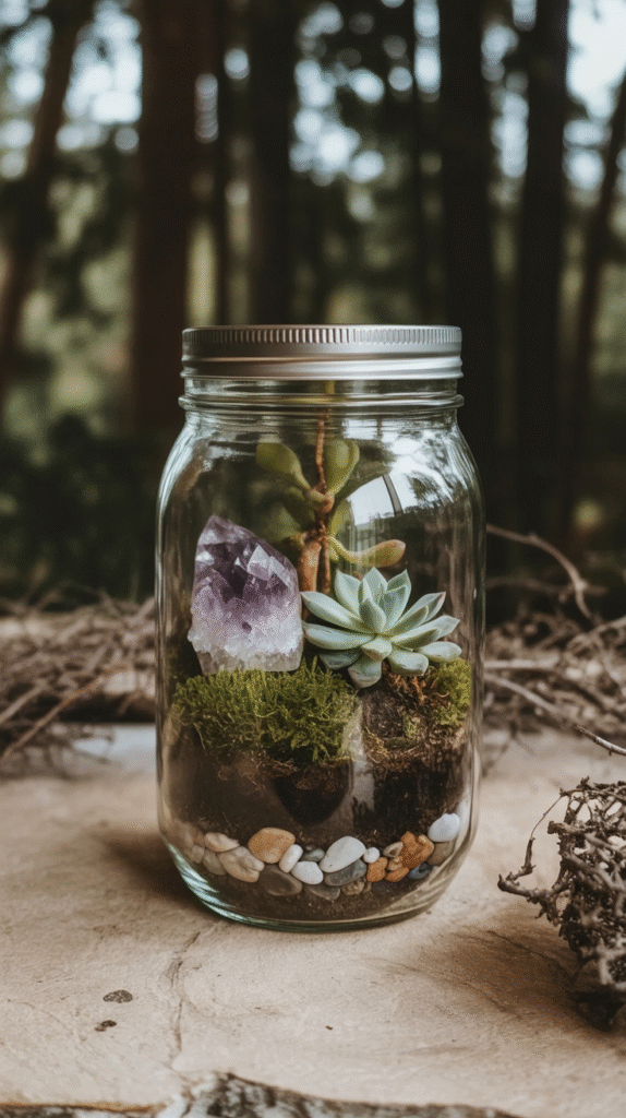 witchy-mason-jar-gifts-terrarium Closed jar with a mini terrarium, featuring a succulent, moss, rocks, and an amethyst crystal in a forest setting.