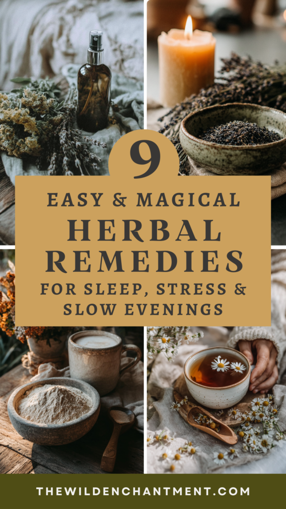 herbal-remedies-recipes 9 herbal remedies for sleep, stress relief, and relaxing evenings with natural ingredients and calming visuals.