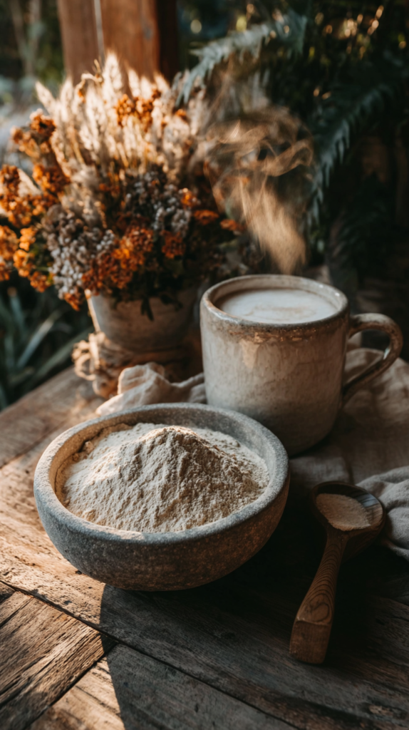 herbal-remedies-recipes-ashwaganda Cozy rustic kitchen setup with steaming cup and bowl of flour, surrounded by dried flowers on a wooden table.