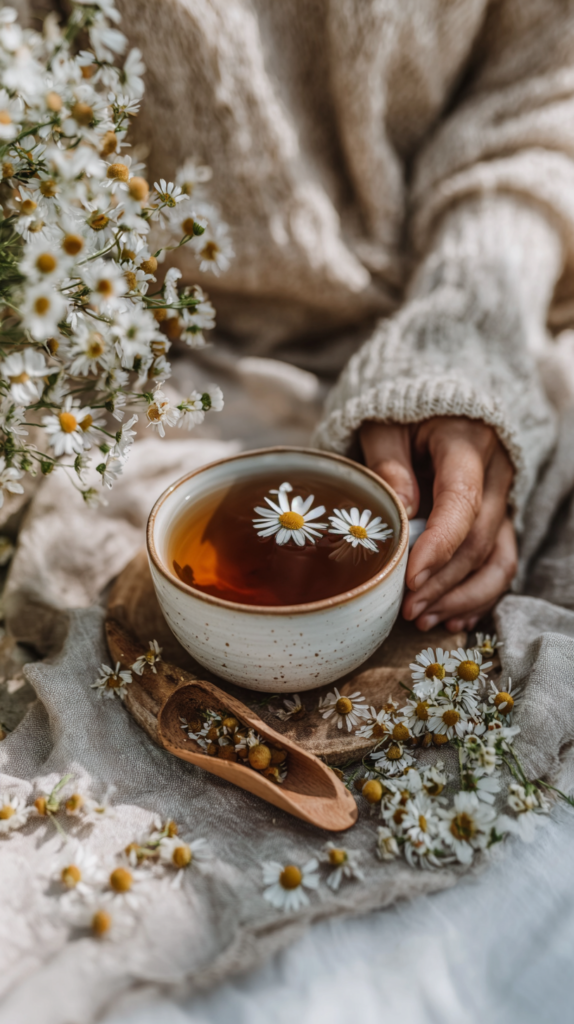herbal-remedies-recipes-chamomile Cozy chamomile tea with fresh flowers, perfect for relaxation and warmth, on a rustic wooden surface.