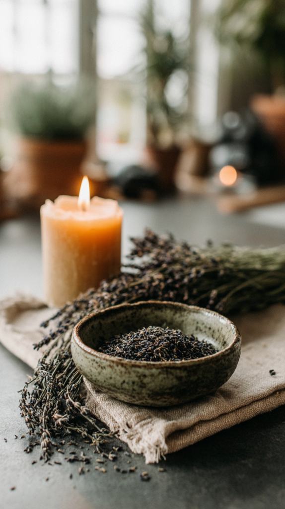 herbal-remedies-recipes-lavender Bowl of dried lavender with a lit candle on a wooden table, creating a calming and aromatic ambiance.