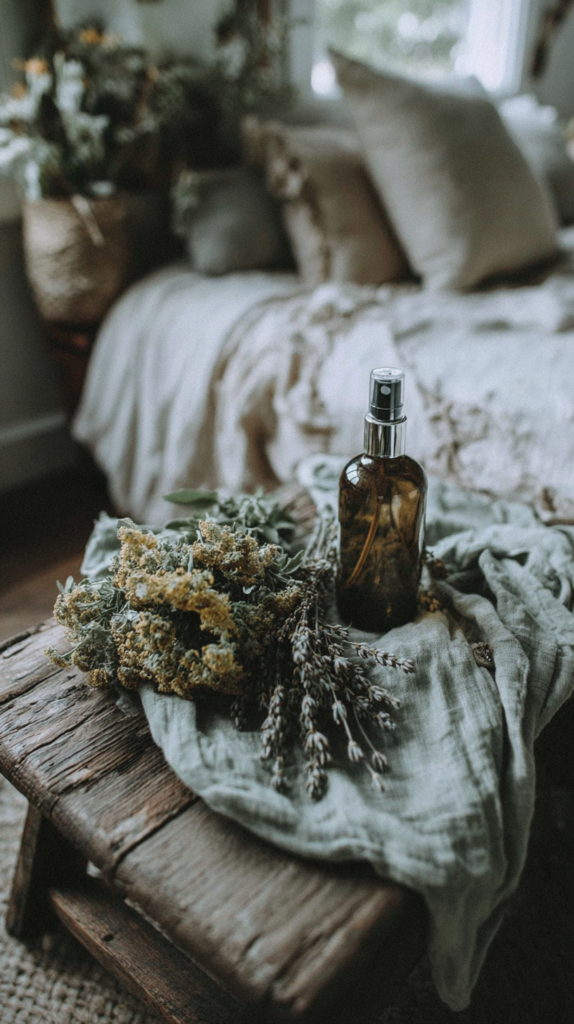 herbal-remedies-recipes-spray Brown glass bottle with dried herbs on rustic wooden bench near cozy bed.