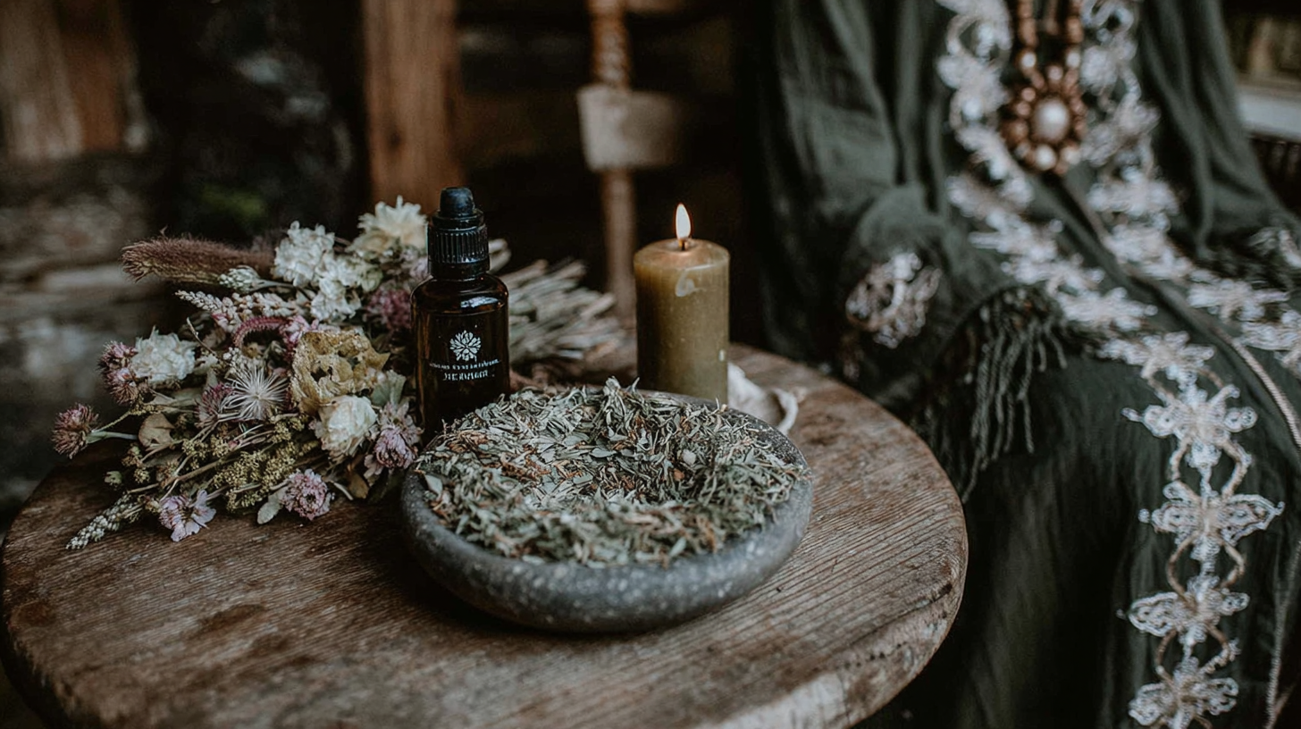 Rustic setup with dried herbs, essential oil, candle, and floral dress on wooden table, evoking peaceful ambiance.