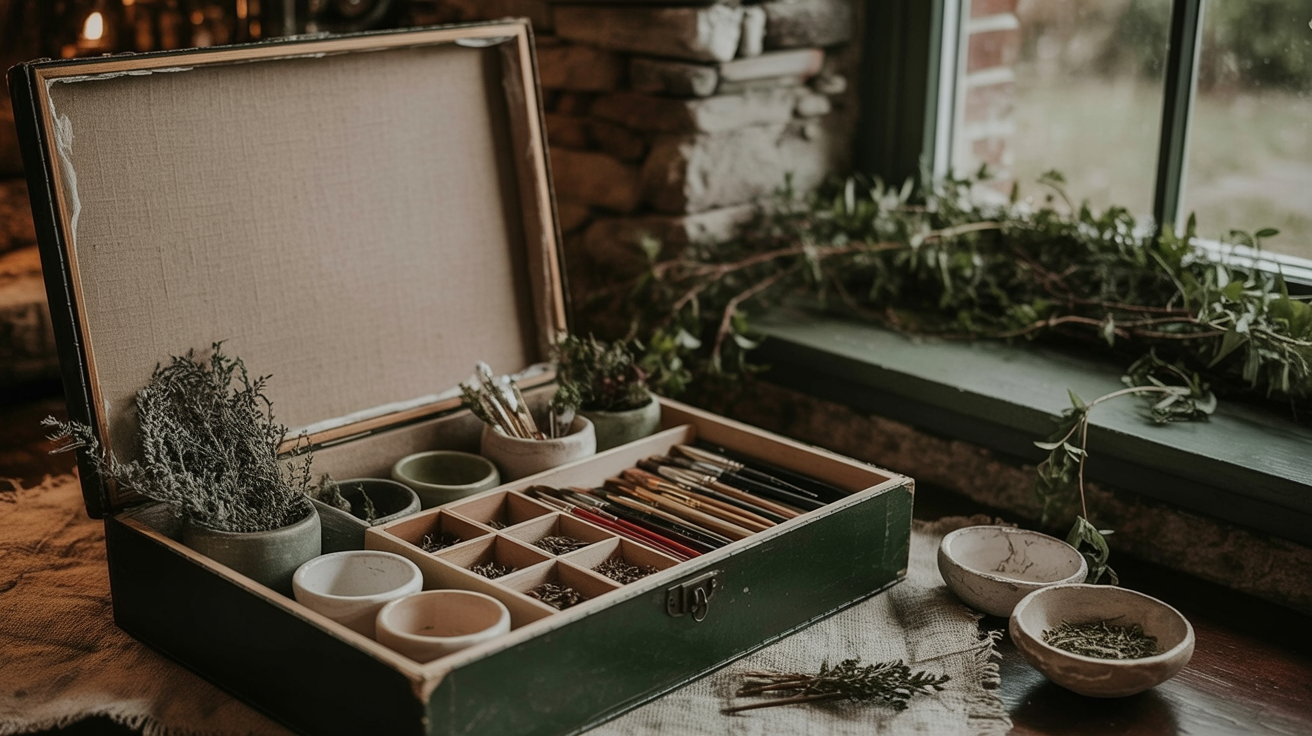 Wooden box with herbs and brushes, on rustic table near window, surrounded by greenery, evoking a natural, creative vibe.