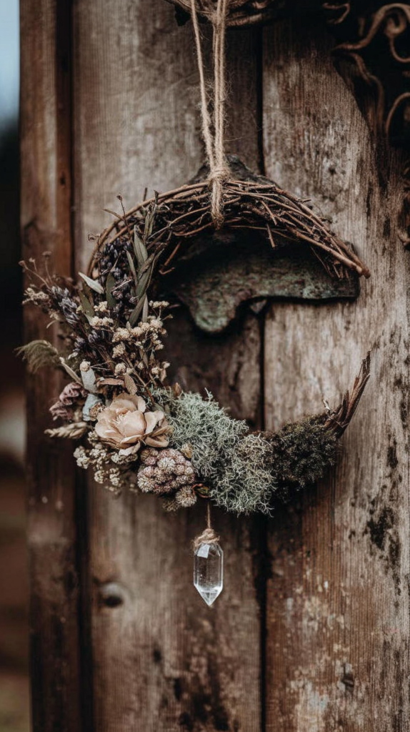 twig-dried-flower-wreaths-crescent-moon2 Rustic wreath with dried flowers and crystal, hanging on weathered wooden door.