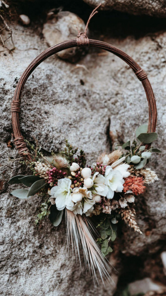 twig-dried-flower-wreaths-hoop3 Rustic floral wreath with white and pink blossoms against a stone background, perfect for natural decor inspiration.