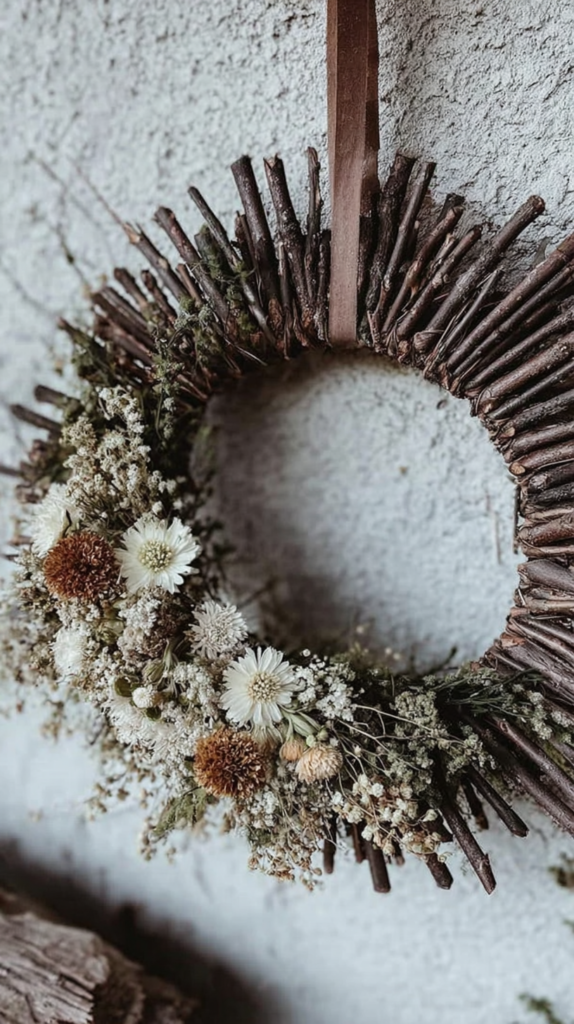 twig-dried-flower-wreaths-sun Rustic twig wreath with dried flowers on textured wall, perfect for autumn home decor.