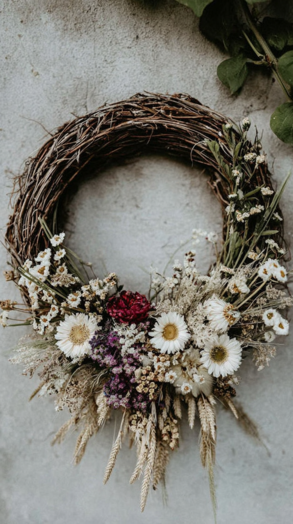 Rustic wreath with dried wildflowers and greenery on a textured gray wall background.