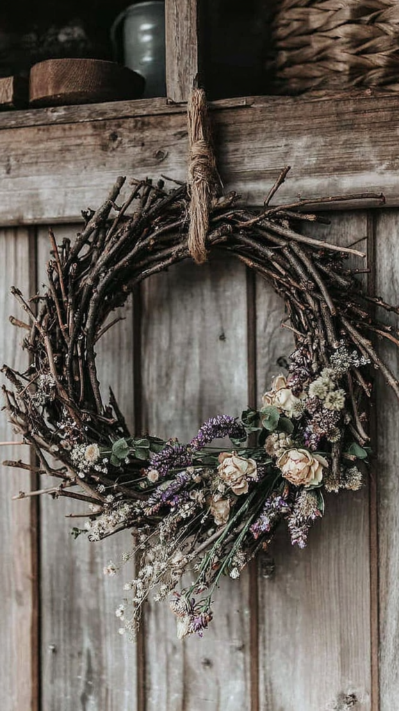 twig-dried-flower-wreaths-wild2 Rustic twig wreath with dried flowers against weathered wooden background, evoking a cozy, natural feel.