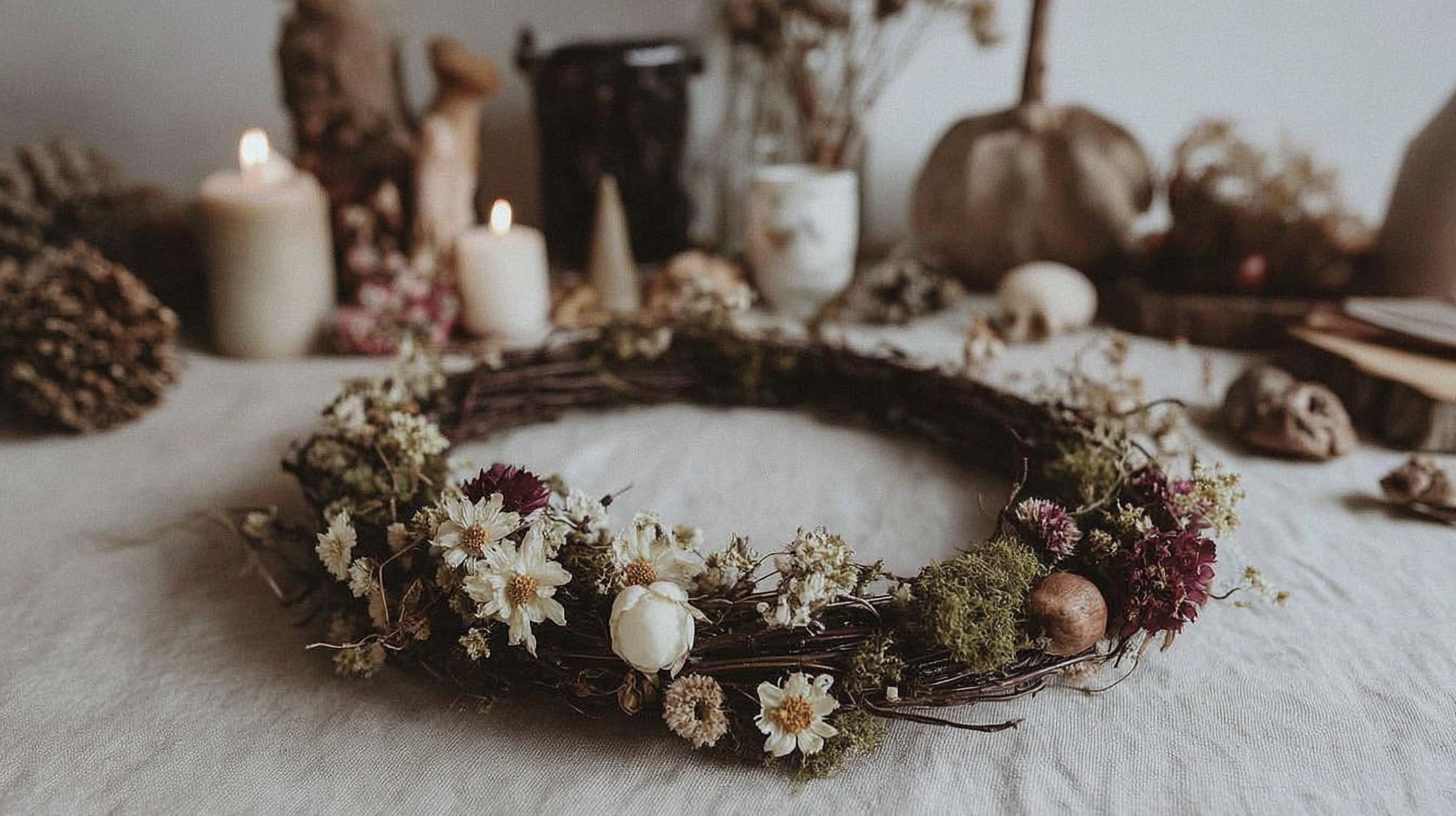 Rustic floral wreath on table, surrounded by candles and autumn decor. Cozy ambiance with dried flowers.
