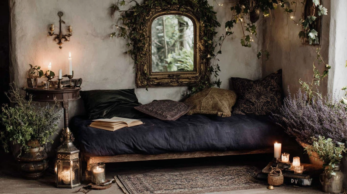 Cozy rustic room with candles, vintage mirror, plants, and cushions on a dark bed. Warm, inviting ambiance.