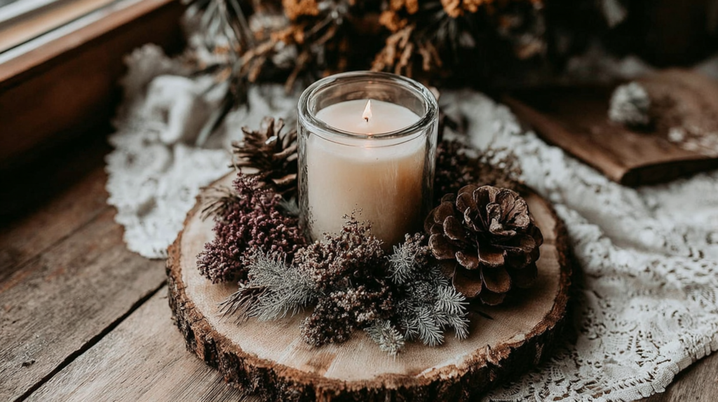Rustic candle surrounded by pinecones and dried flowers on wood slice, creating a cozy autumn atmosphere.