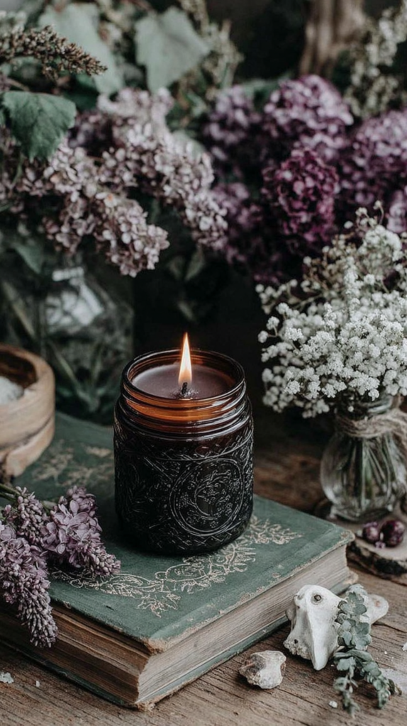 winter-crafts-brightening-candle Lit candle in ornate jar on vintage book surrounded by purple and white flowers, creating a rustic, serene atmosphere.