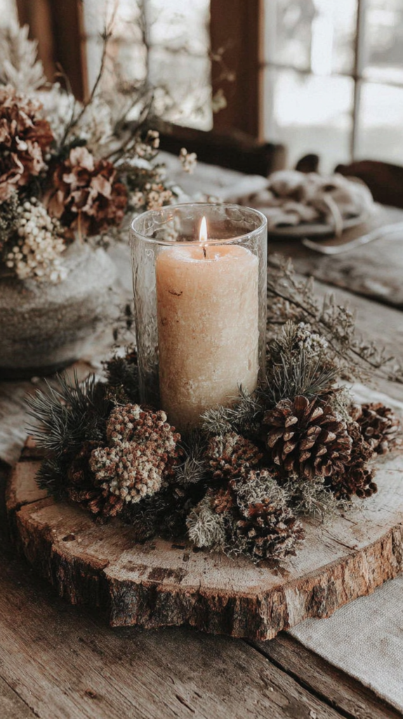 winter-crafts-brightening-centerpiece Rustic wooden table with a lit candle surrounded by pine cones and dried flowers, creating a cozy autumn ambiance.