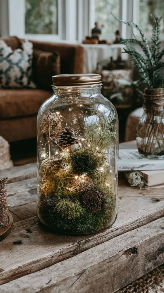 winter-crafts-brightening-light-jar Rustic decor: Glass jar terrarium with moss, pinecones, and fairy lights on a wooden table in cozy living room.