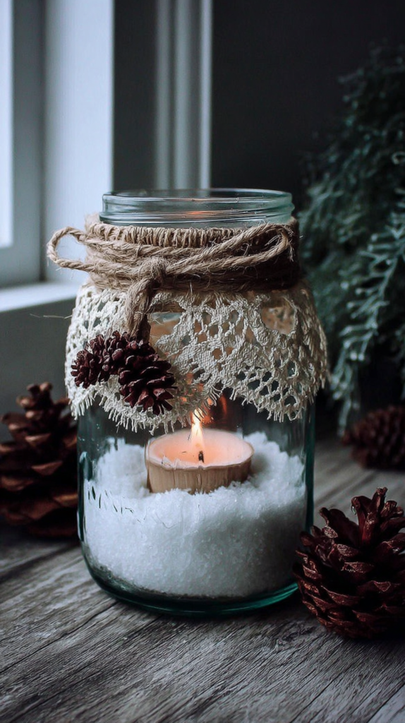 winter-crafts-brightening-snow-jar Decorative candle in a jar with lace, twine, and pinecones, surrounded by wooden accents. Cozy and rustic decor.