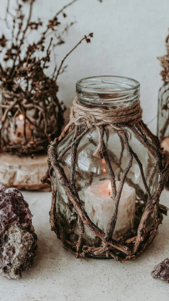 winter-crafts-brightening-twig-lantern Rustic glass jar candle with twine and branch decor, creating a cozy, natural ambiance.