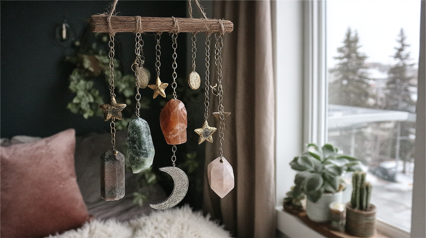 Hanging crystal mobile with stars and moon, set by a window with plants, creating a cozy, serene atmosphere.