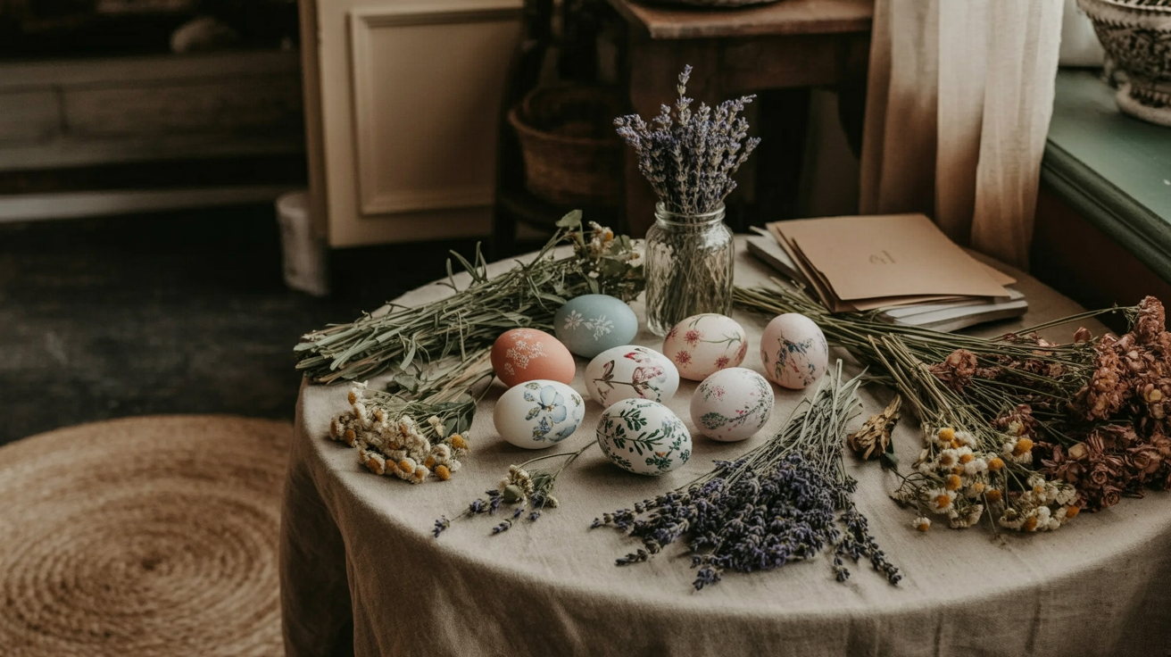 Hand-painted Easter eggs and dried flowers on a rustic table, spring decor craft scene with lavender and botanicals