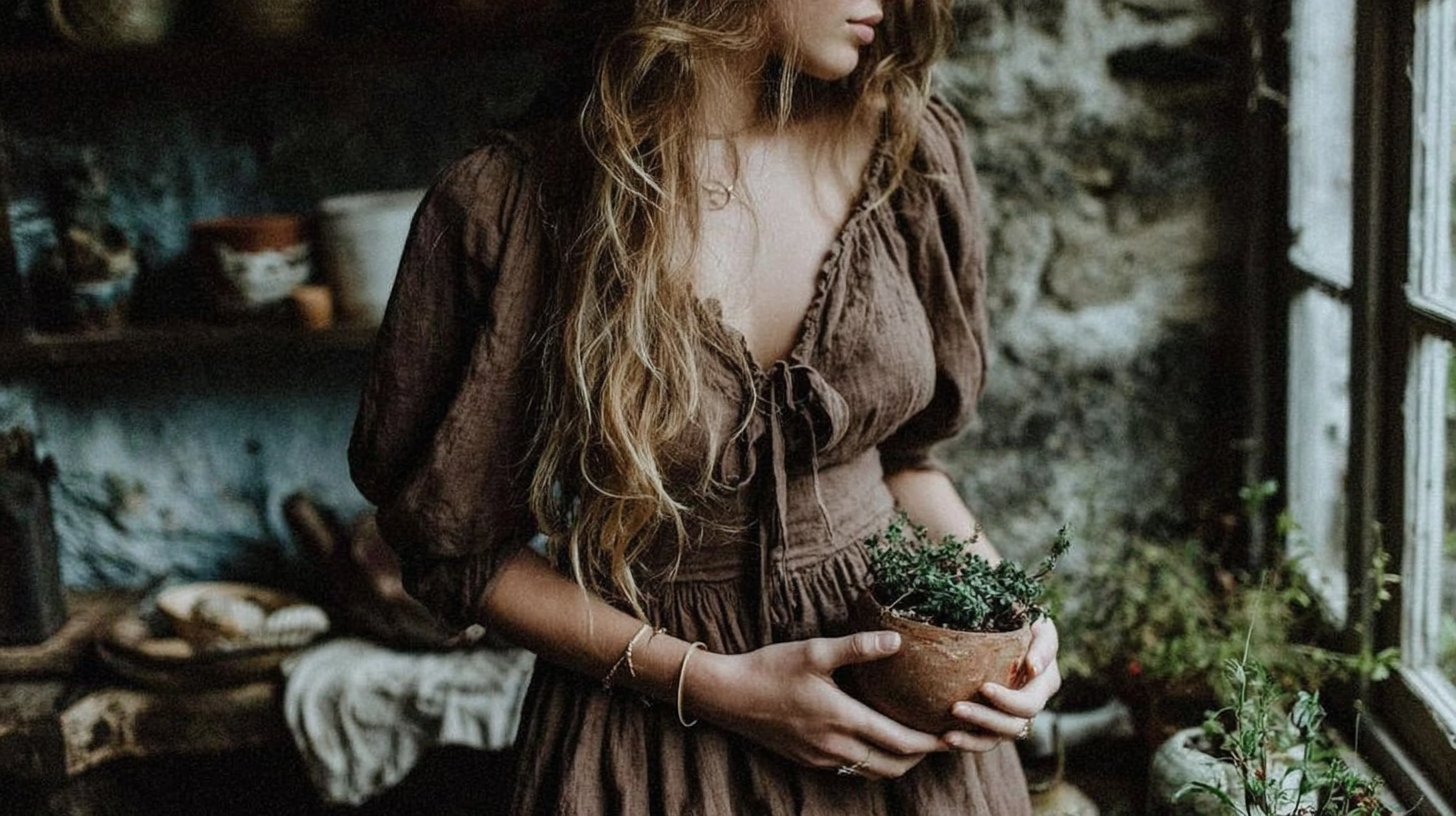 Woman in rustic cottage by window holding potted herbs, wearing brown linen dress; cottagecore kitchen garden vibe