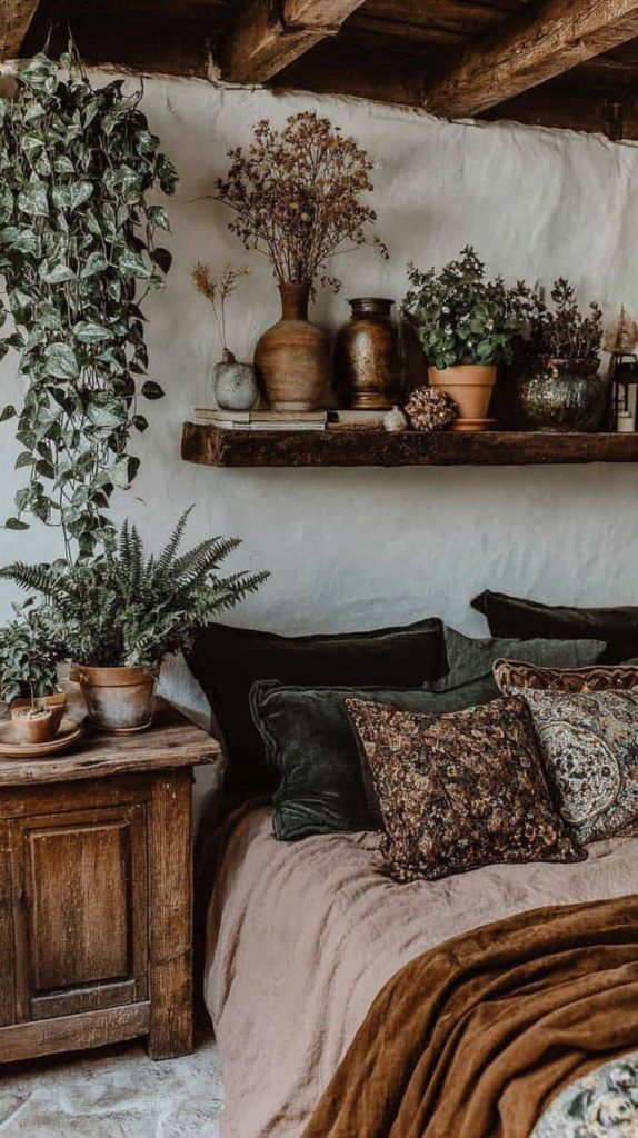 Cozy rustic bedroom with houseplants, wooden shelf, clay vases and earthy boho bedding, cottagecore decor.