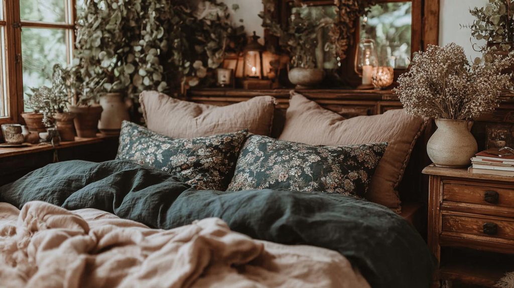 Cozy rustic bedroom decor with green floral pillows, linen bedding, indoor plants, and a candlelit wooden nightstand