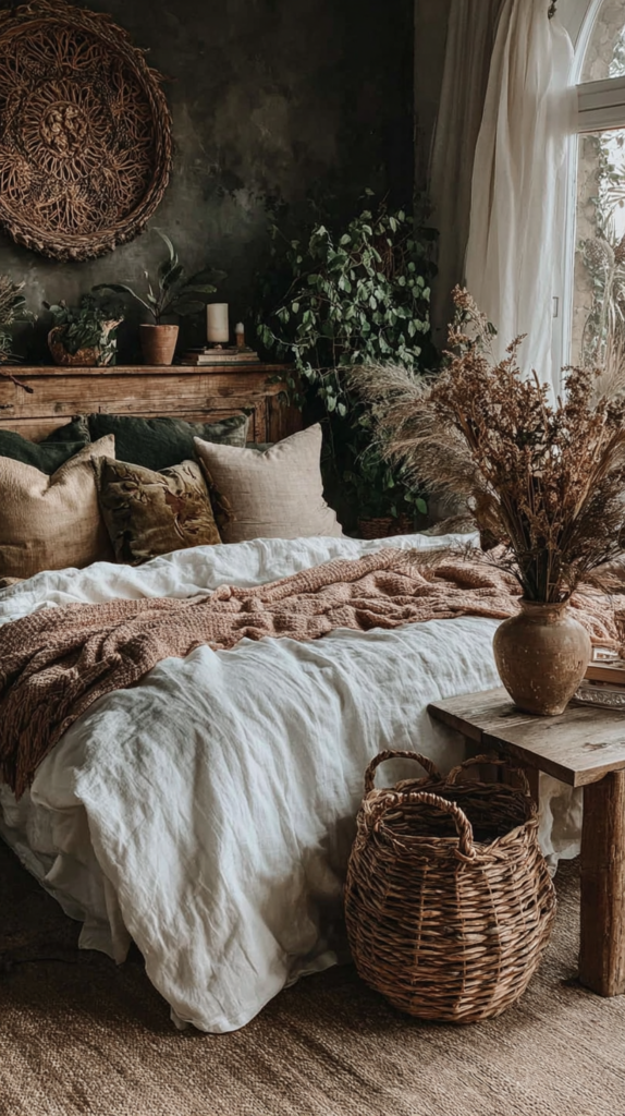 Cozy boho bedroom with white linen bedding, knit throw, pampas vase, wicker basket, plants, rustic wood and rattan decor.