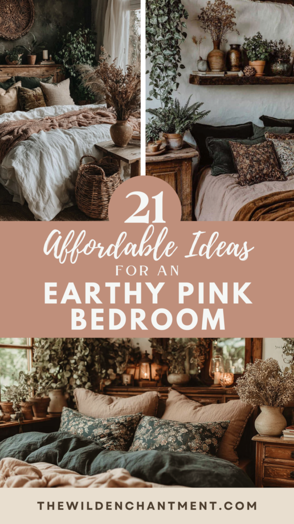 21 affordable earthy pink bedroom ideas—boho decor with plants, rustic wood, cozy bedding | The Wild Enchantment