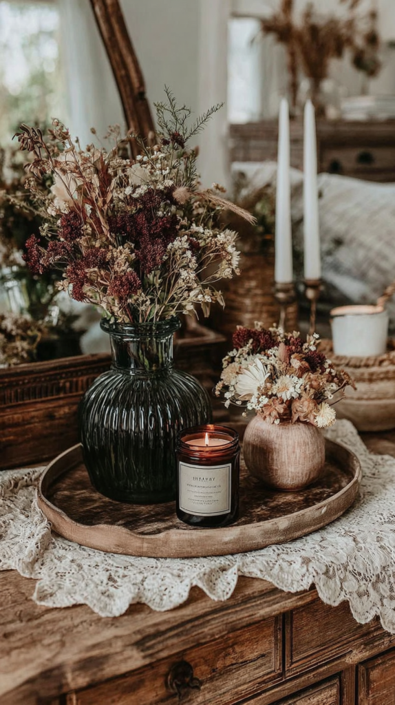 Rustic farmhouse vignette with dried flowers, lit amber candle on wooden tray, lace runner atop vintage dresser.