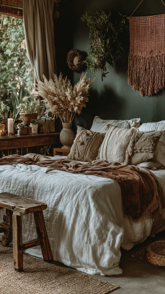Cozy boho bedroom with linen bedding, earthy pillows, indoor plants, dried pampas and rustic bench against dark green wall.
