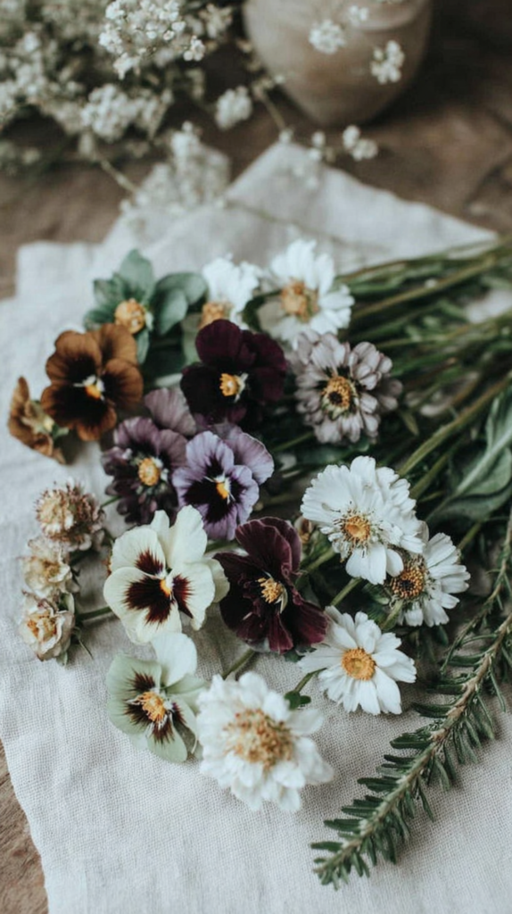 Rustic flat lay of mixed wildflowers—pansies and daisies—on linen cloth, vintage garden bouquet aesthetic.