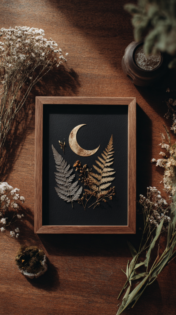 Boho wall art: framed crescent moon with pressed ferns on black paper, rustic wood frame, dried flowers on wooden table.